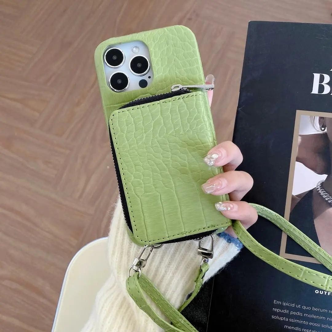 green leaher crossbody iPhone 15 pro max case