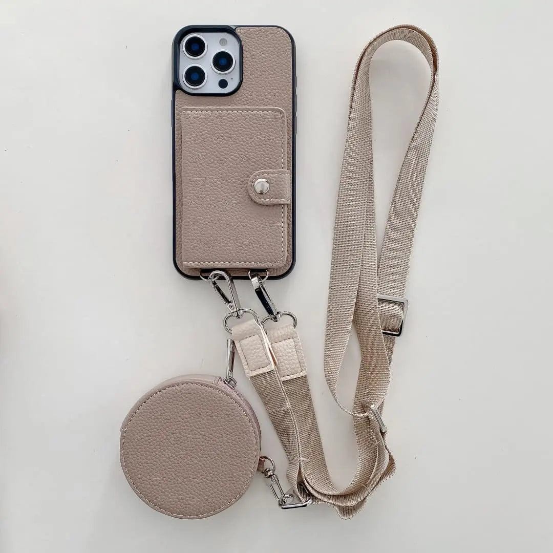 Side-Slot Wallet iPhone Case with Round Pouch and Crossbody Strap