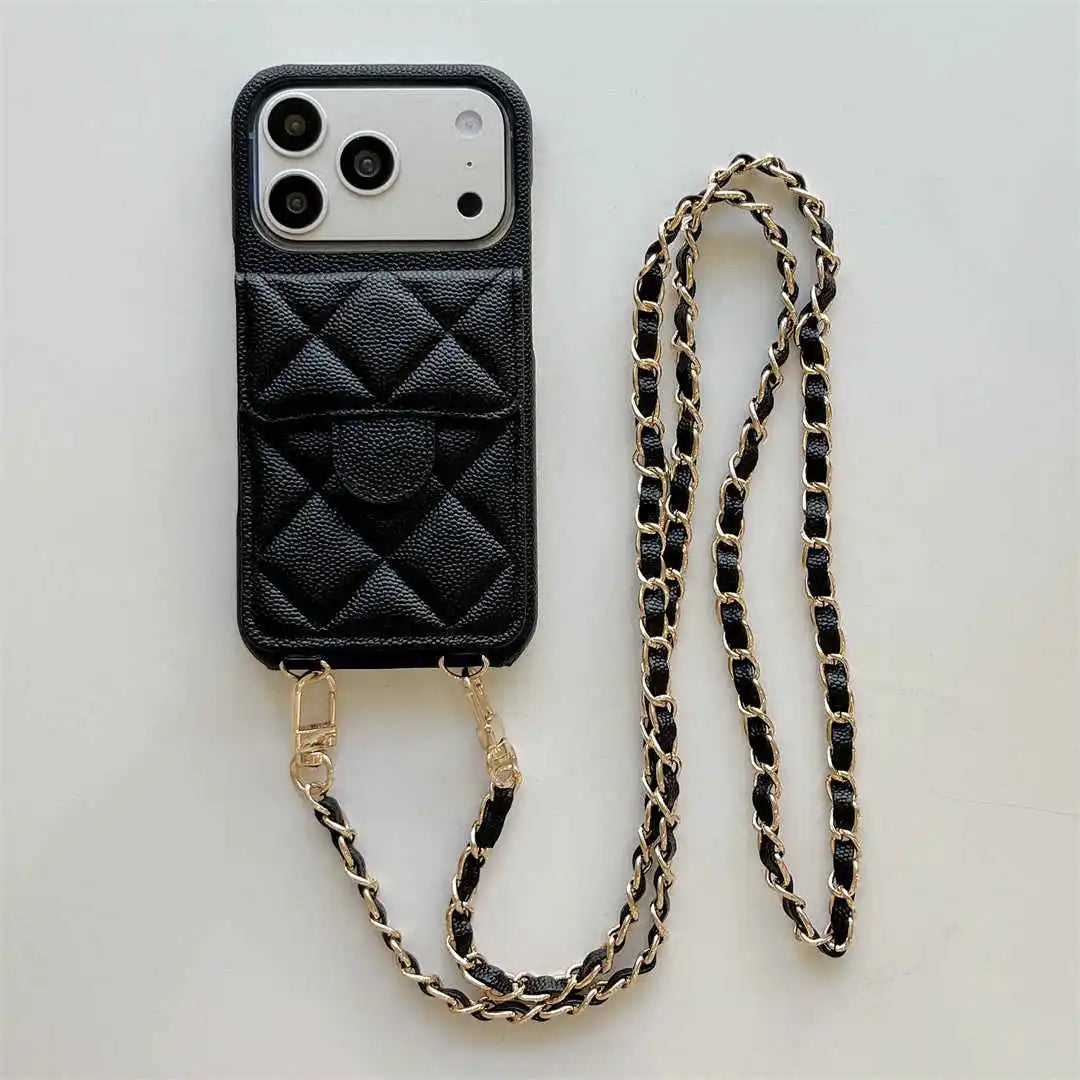 Black quilted wallet phone case with a chain strap on a light gray background