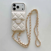 white Quilted phone case with chain strap on a light gray background
