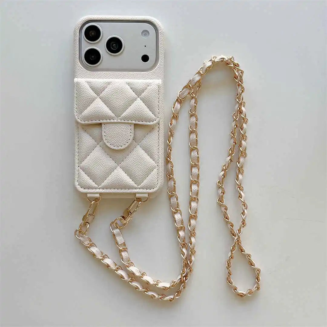 white Quilted phone case with chain strap on a light gray background