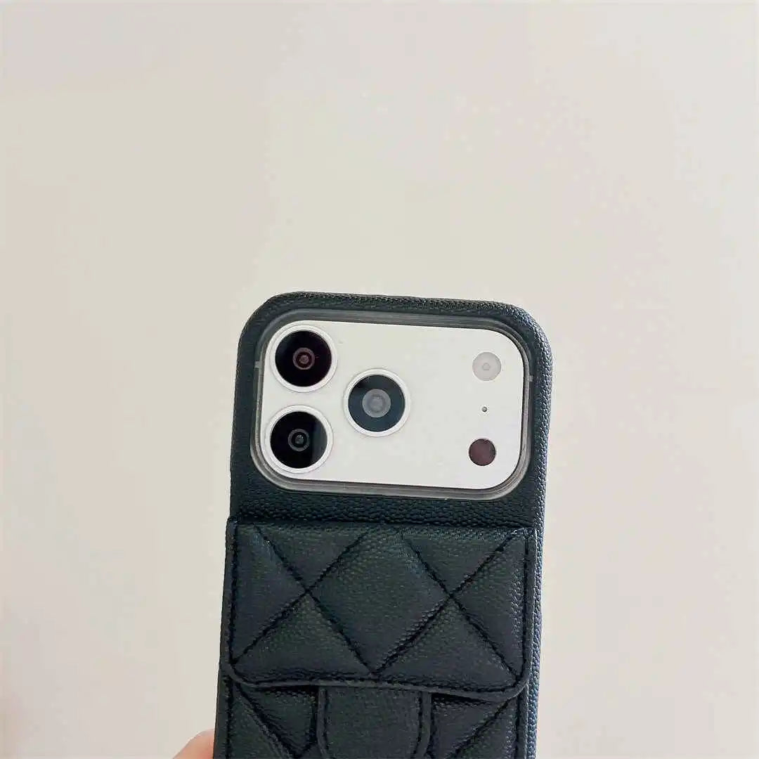 Phone case with quilted design on a light gray background
