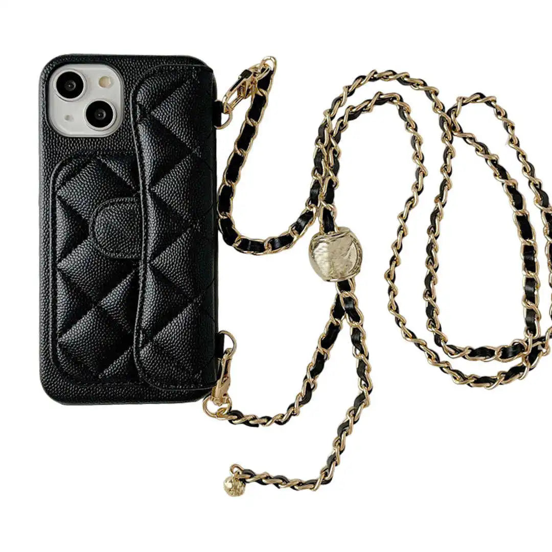 Caviar Leather Designer iPhone Crossbody Case with Card Holder for Wom Caviar Leather Designer iPhone Crossbody Case with Card Holder for Wom