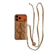 khaki quilted phone case with chain strap on a white background