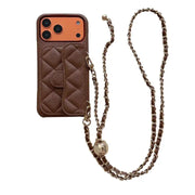 mocha quilted phone case with chain strap on a white background