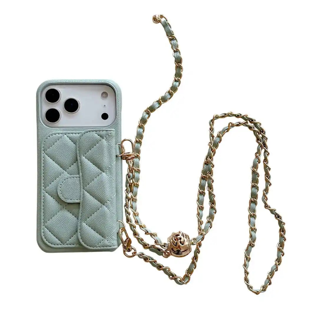 Quilted wallet phone case with a chain strap on a white background