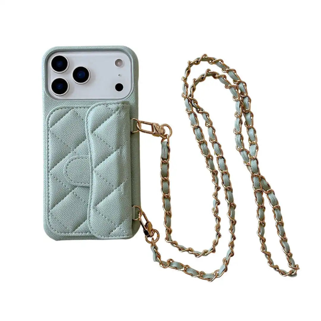 Mint green quilted phone case with a gold chain on a white background
