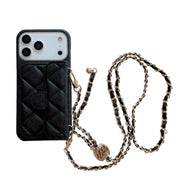 Black quilted crossbody phone case with a chain strap on a white background