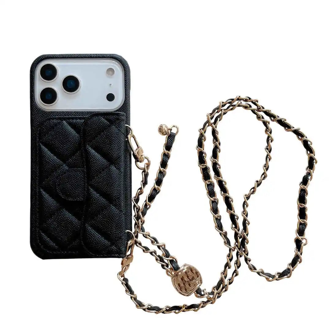 Black quilted crossbody phone case with a chain strap on a white background