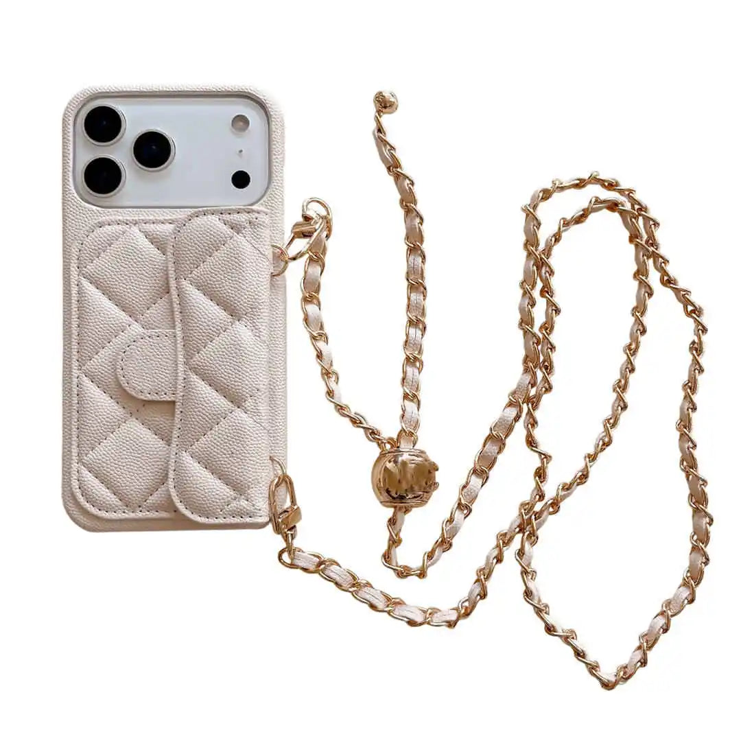 Quilted designer phone case with gold chain on a white background