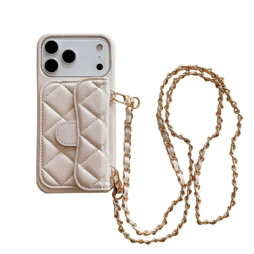white Phone case with quilted design and gold chain on a white background