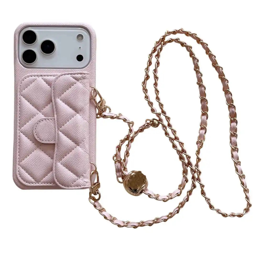 Pink quilted wallet phone case with a crossbody chain strap on a white background
