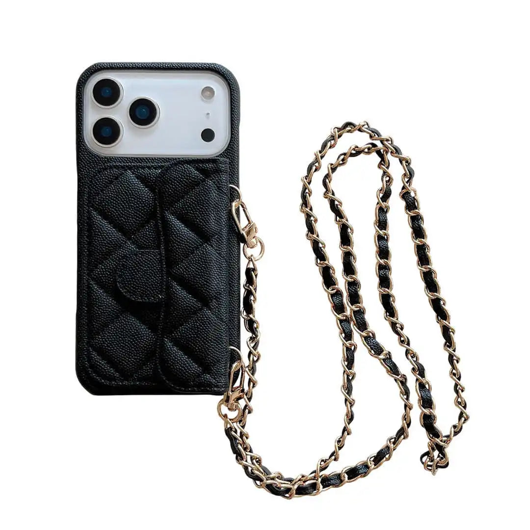 Black quilted wallet phone case with a chain strap on a white background