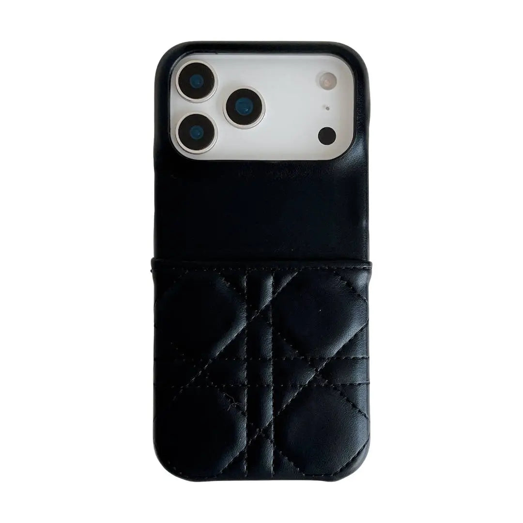 Black quilted phone case with card holder on a white background
