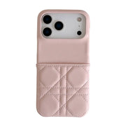 Pink quilted phone case with card slot on a white background