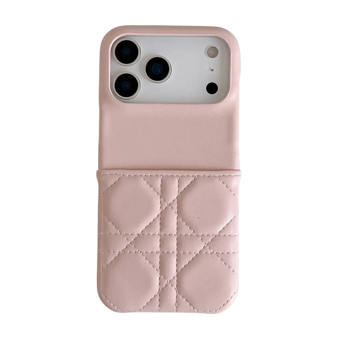 Pink quilted phone case with card slot on a white background