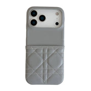 Gray quilted phone case with card holder on a white background