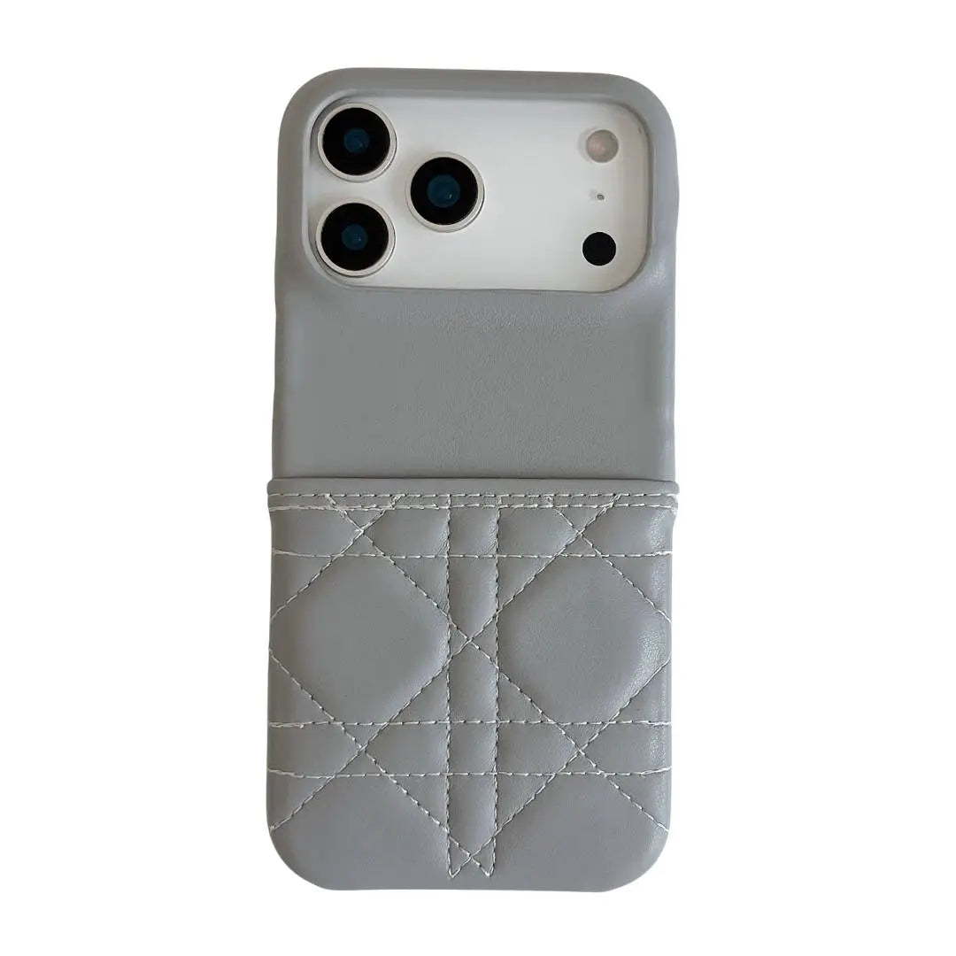 Gray quilted phone case with card holder on a white background