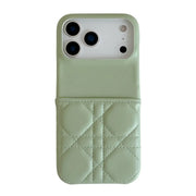 Green quilted phone case with card slot on a white background
