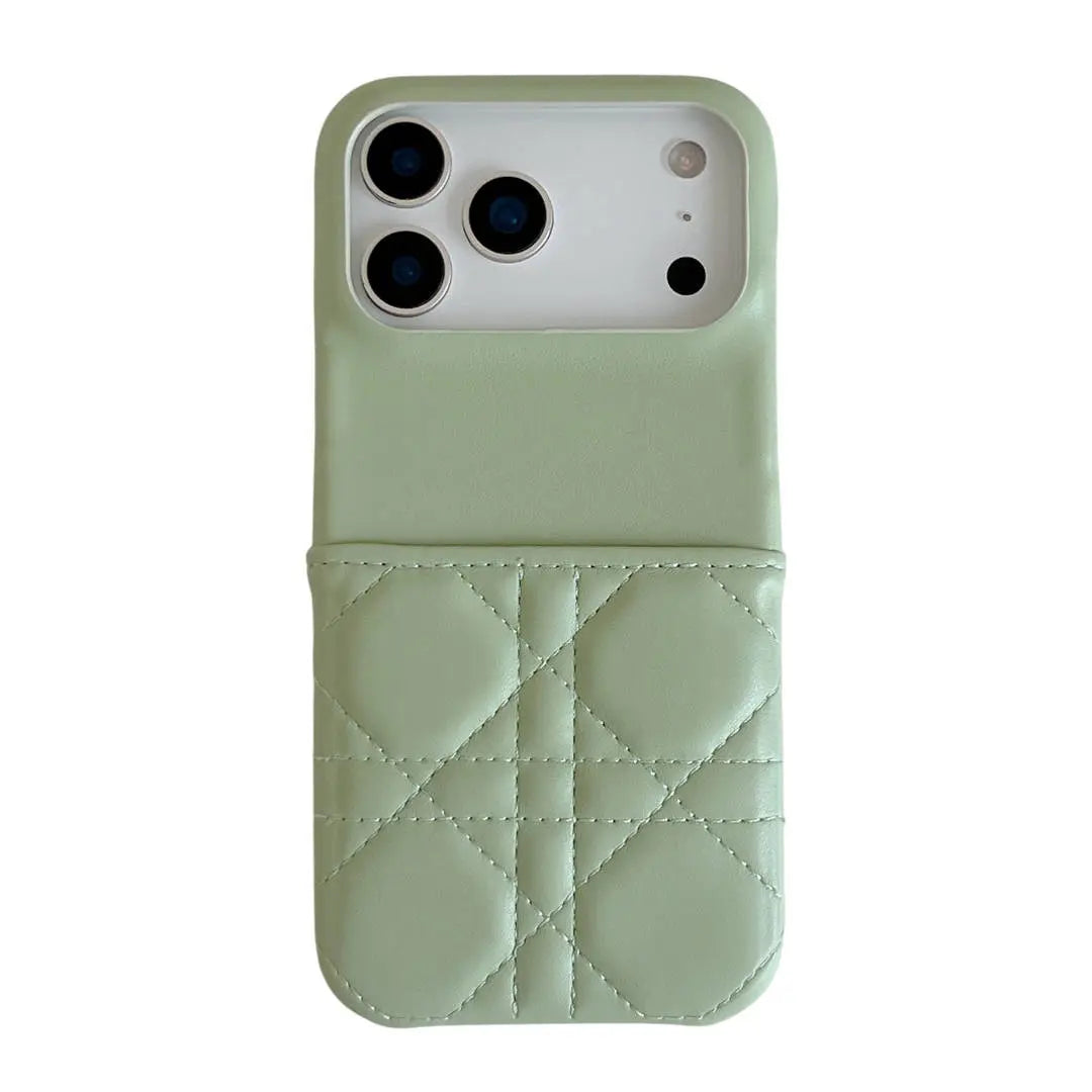 Green quilted phone case with card slot on a white background