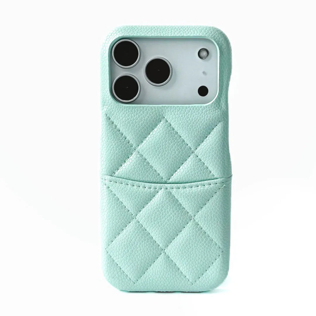 Mint green quilted phone case with card holder on a white background