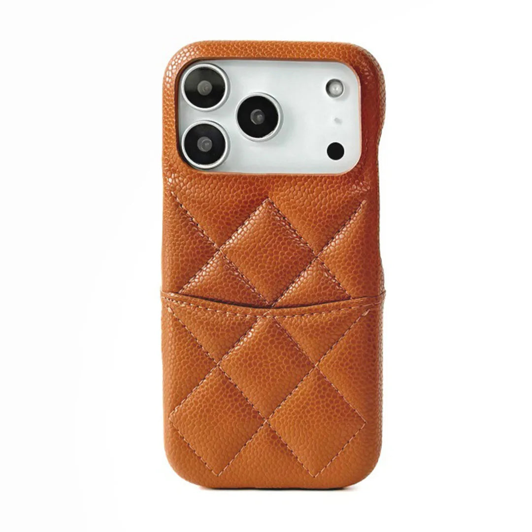 Brown quilted phone case with card holder on a white background