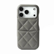 Gray quilted phone case with card holder on a white background