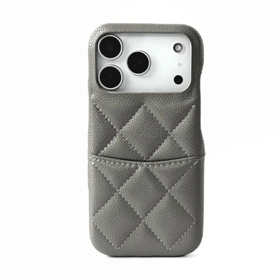 Gray quilted phone case with card holder on a white background