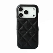 Black quilted phone case with card holder on a white background