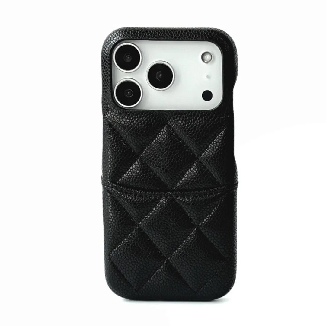 Black quilted phone case with card holder on a white background