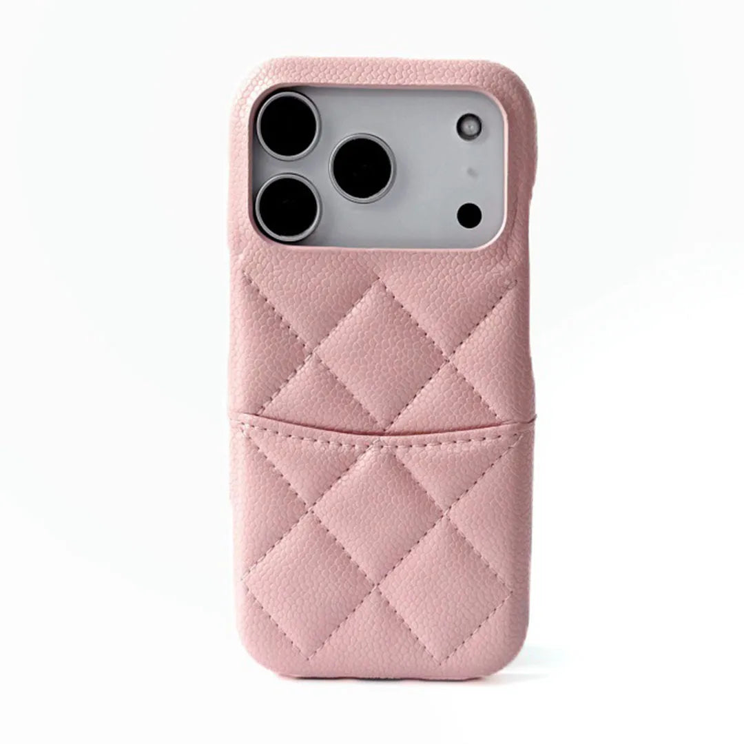 Pink quilted phone case with card holder on a white background