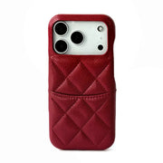 Red quilted phone case with card holder  on a white background