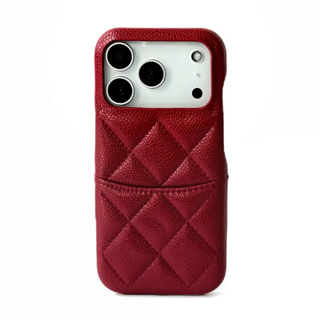 Red quilted phone case with card holder  on a white background