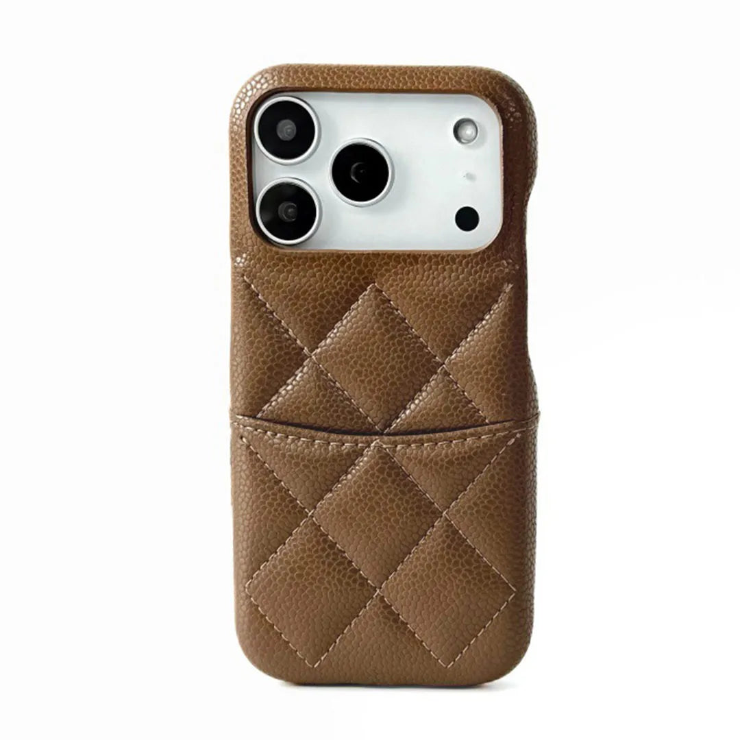 taupe quilted phone case with card holder on a white background