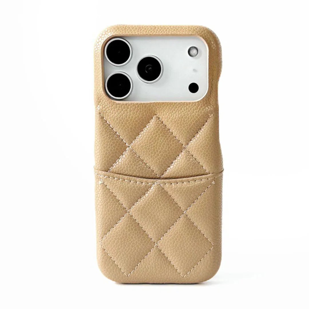 Beige quilted phone casewith card holder on a white background