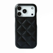 Black quilted phone case on a white background