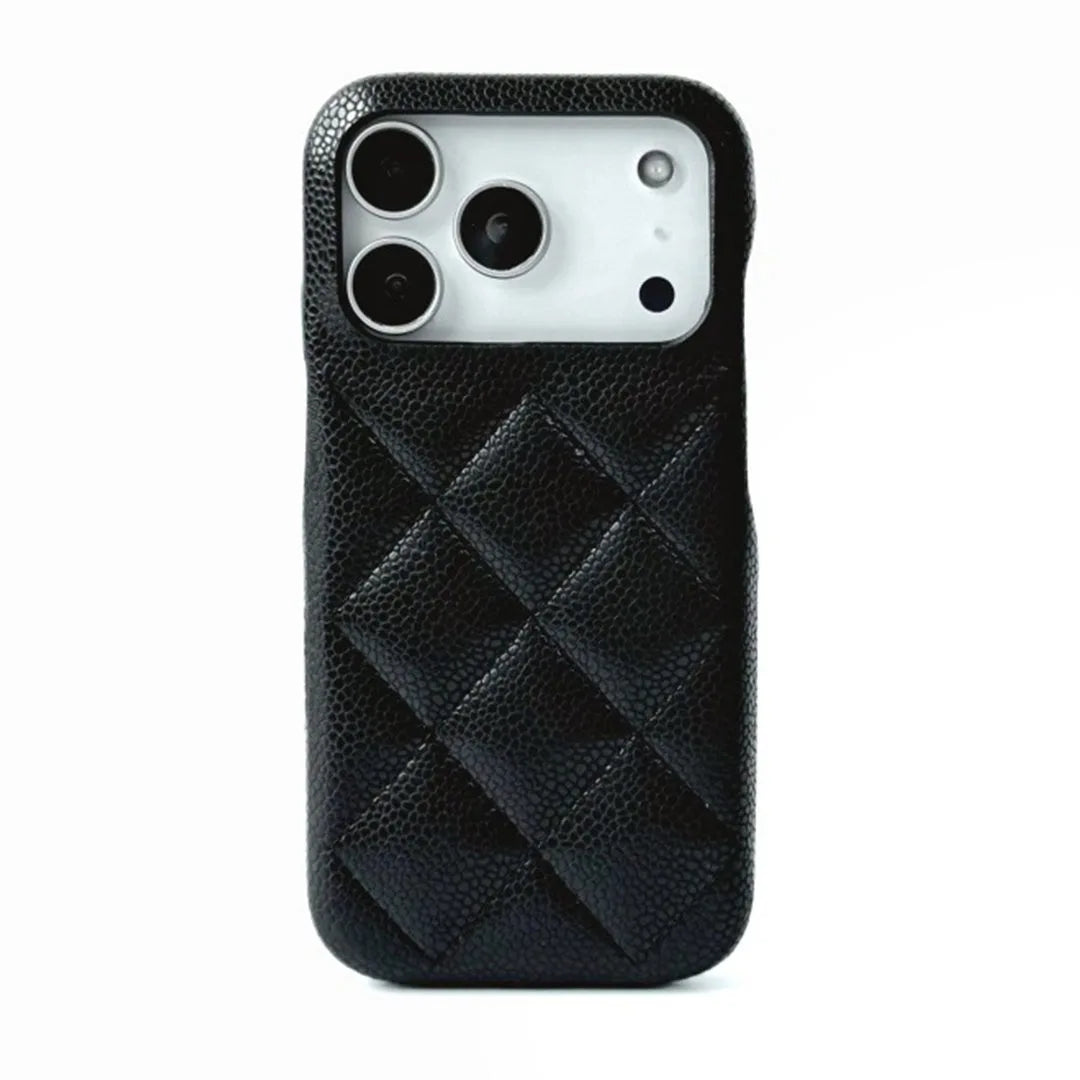 Black quilted phone case on a white background