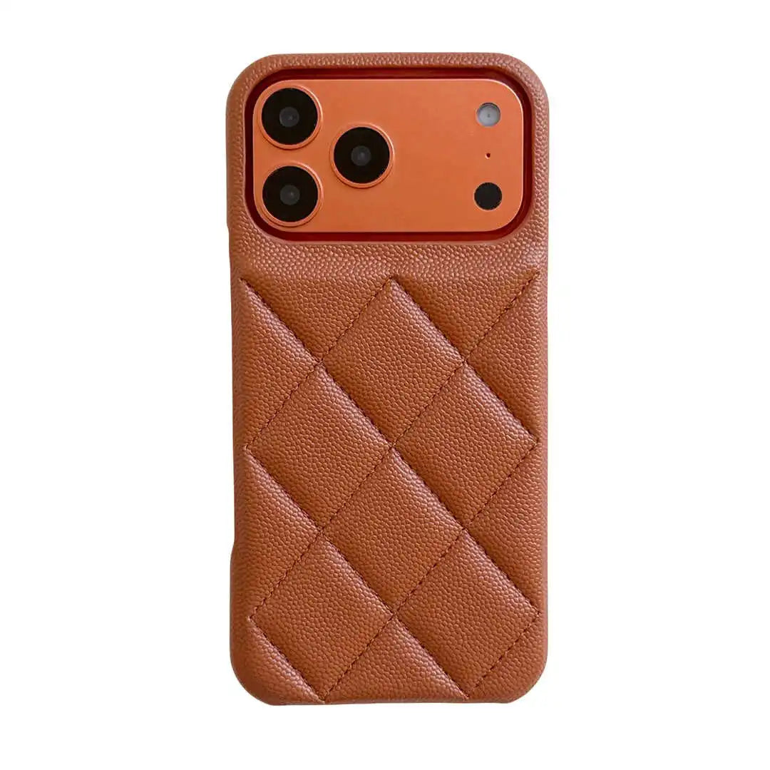 Brown quilted phone case on a white background