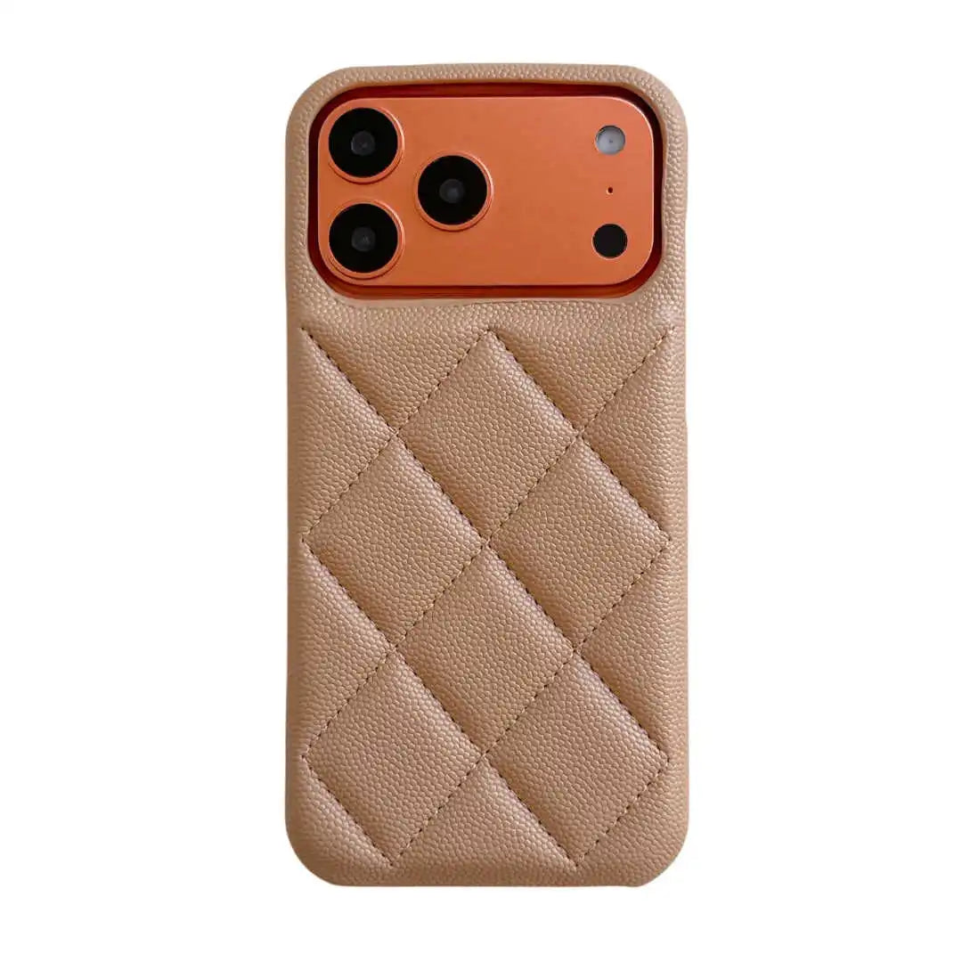 khaki quilted phone case on a white background