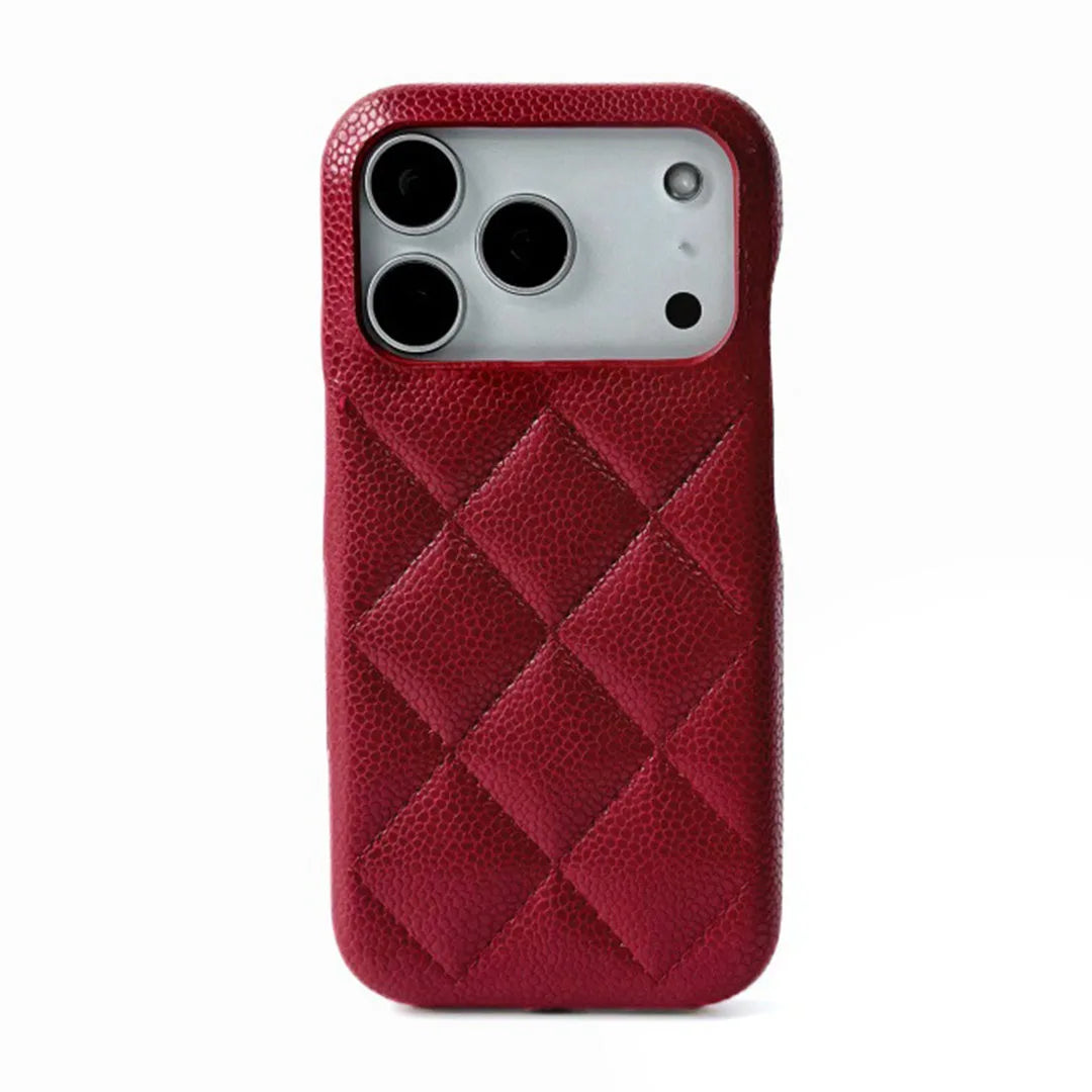 Red quilted phone case on a white background