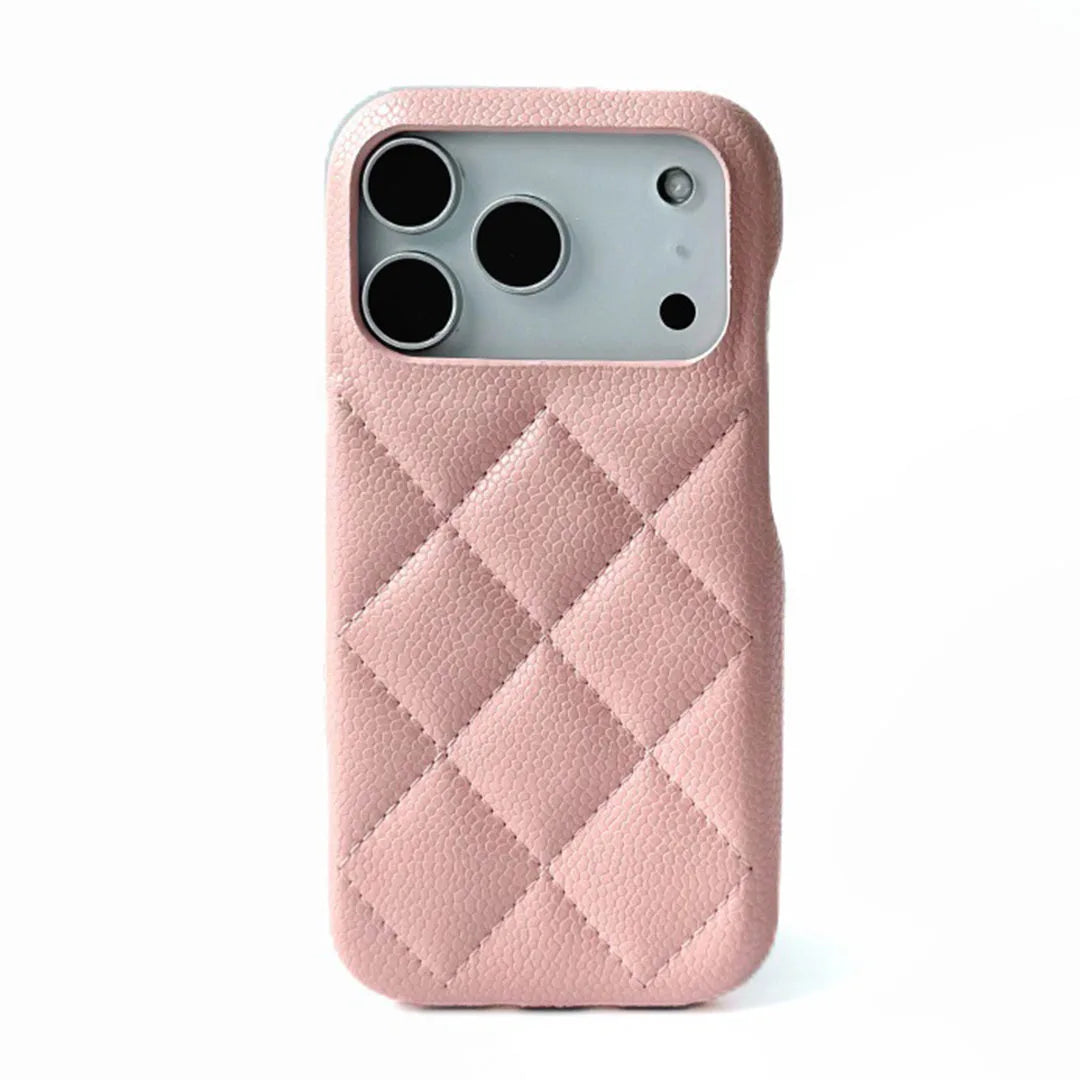 Pink quilted phone case on a white background