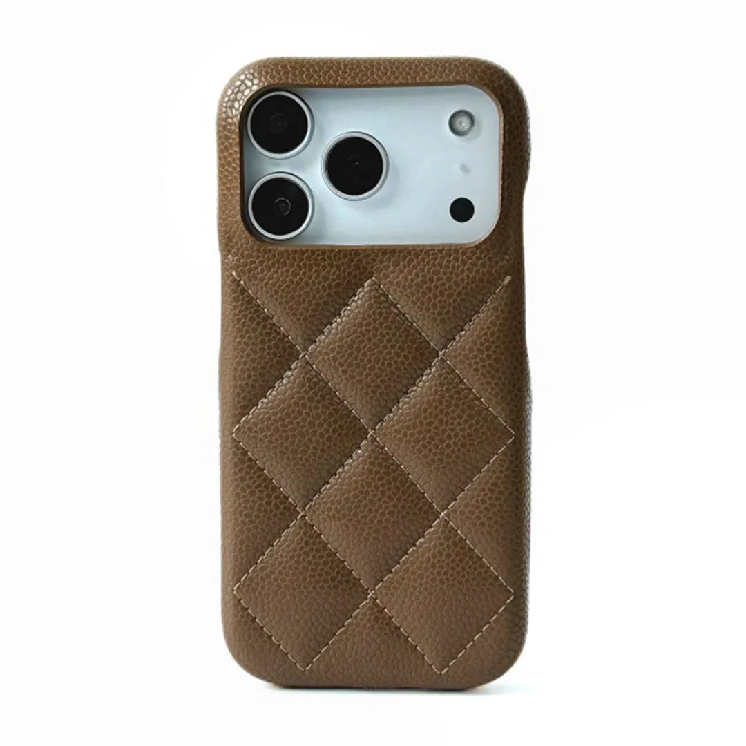 taupe quilted phone case on a white background
