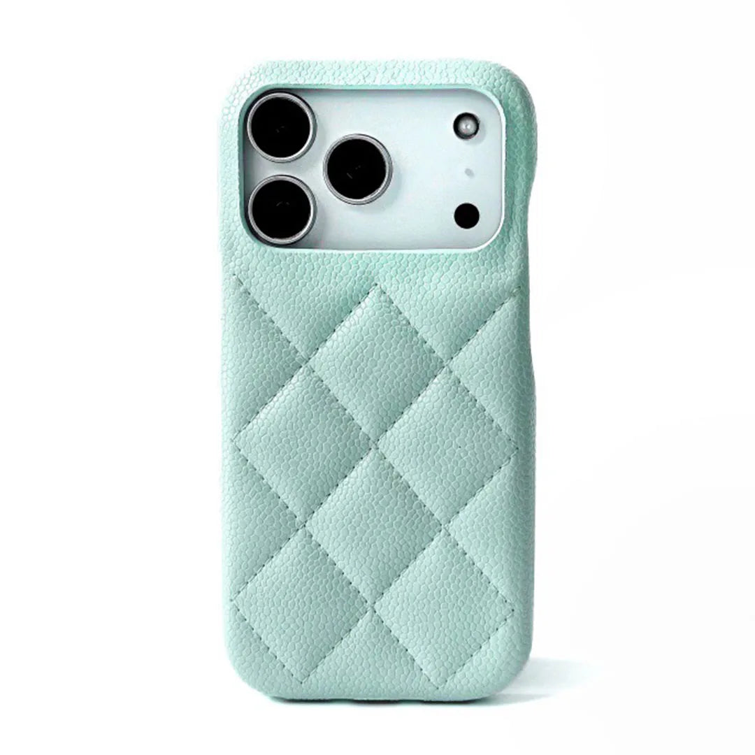 Mint green quilted phone case on a white background