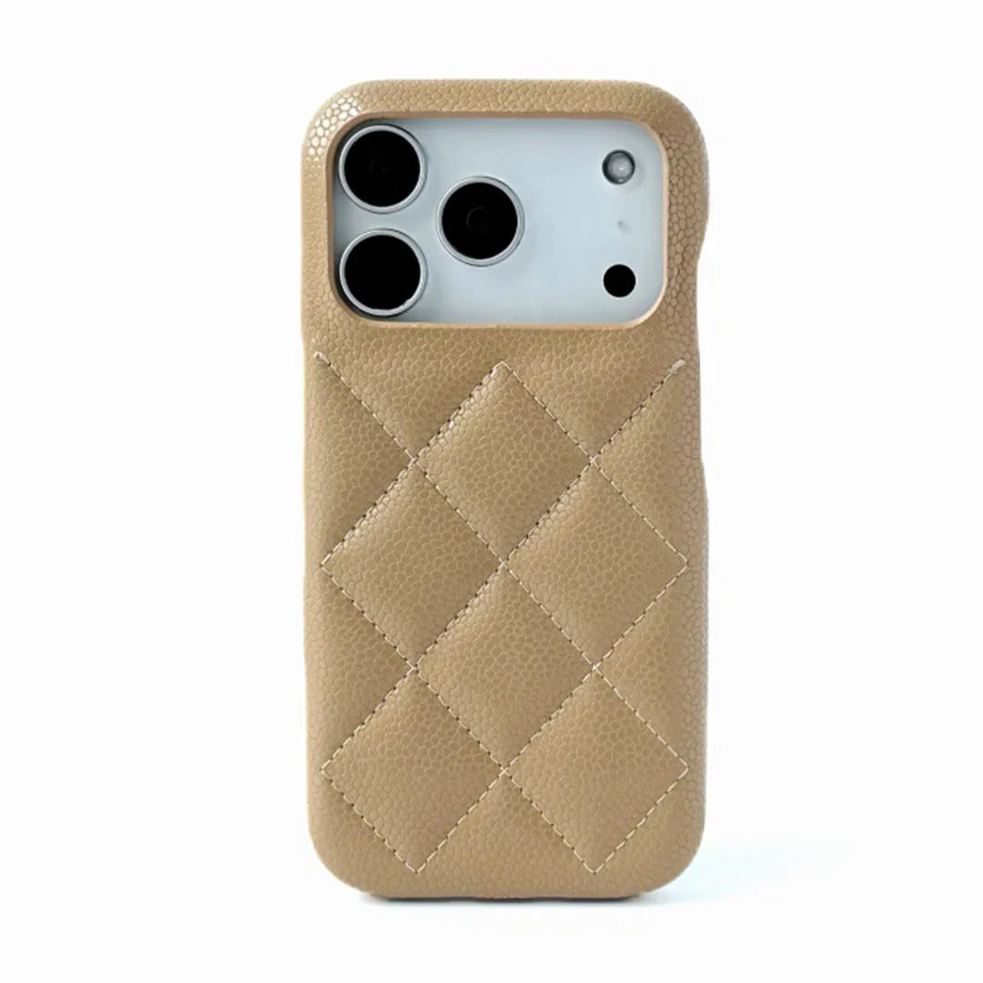 khaki quilted phone case on a white background