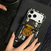 wallet Phone case with intricate design held by a hand on a textured surface