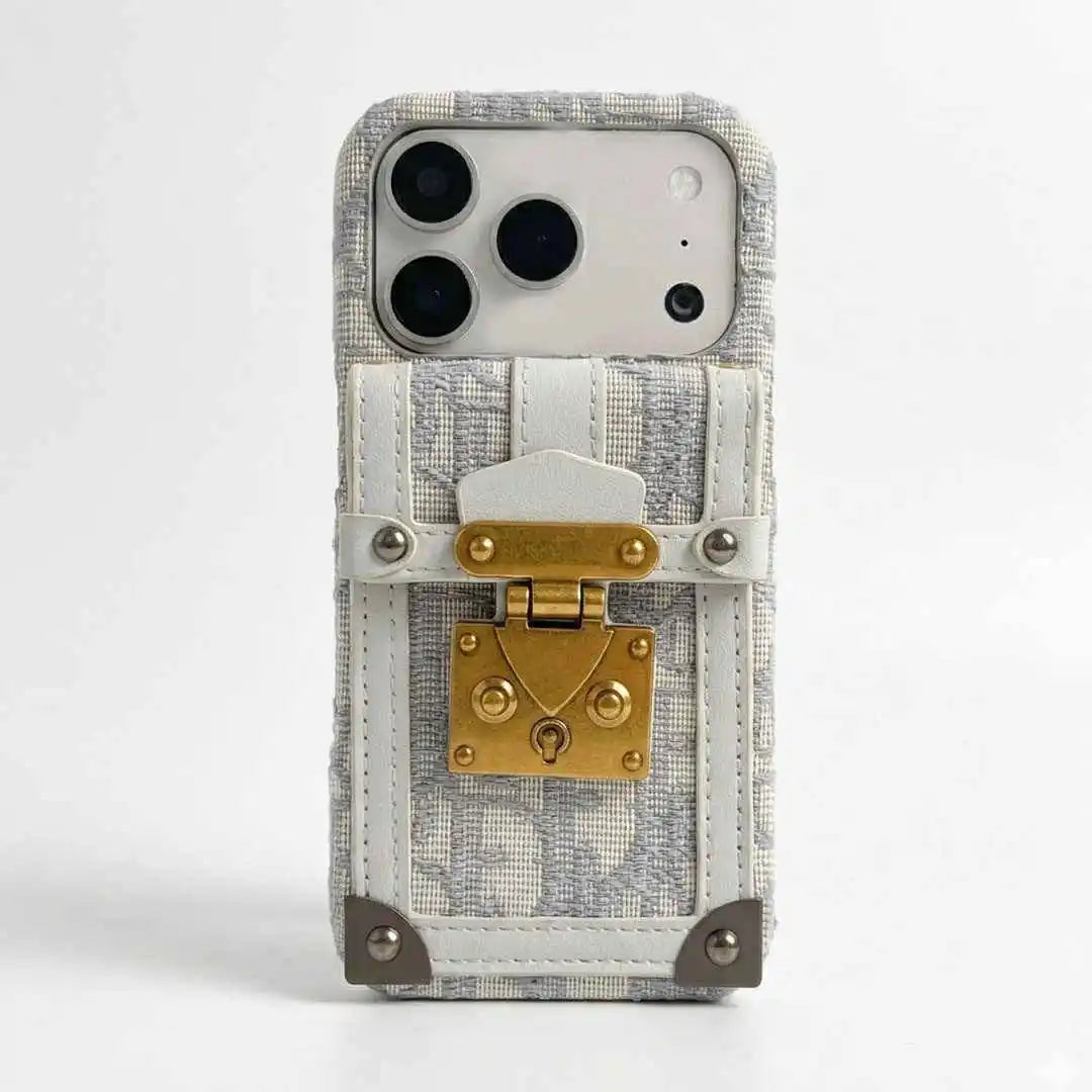 white wallet Phone case with gold lock design on a white background