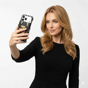 Woman holding a phone with a unique wallet case design on a white background