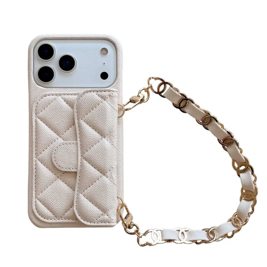 white wallet Phone case with quilted design and chain strap on a white background