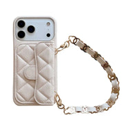 white wallet Phone case with quilted design and chain strap on a white background