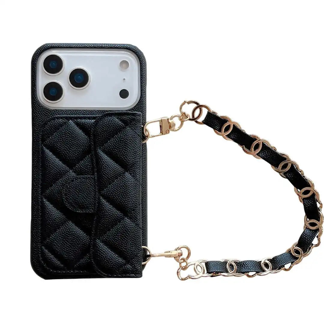 Black quilted wallet phone case with a chain strap on a white background